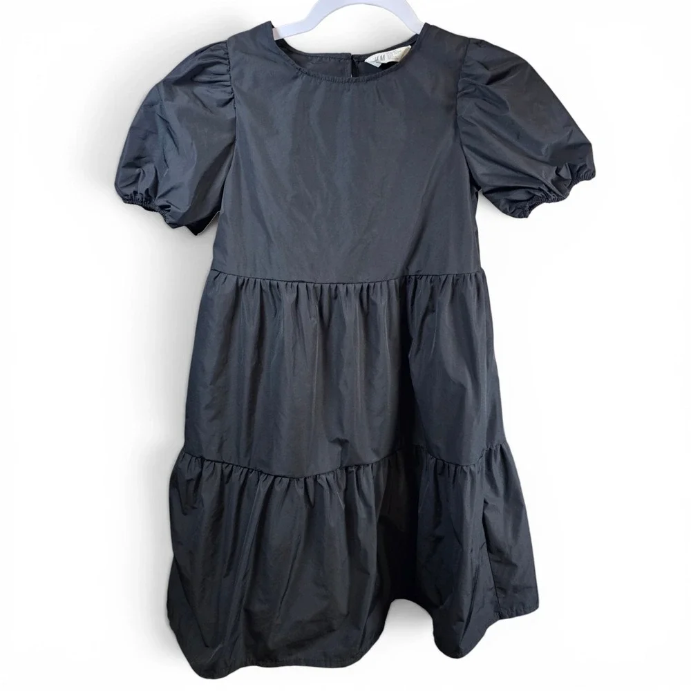 H&M Tiered Dress Kids Size 8 Black Excellent Puff Sleeve Taffeta Texture